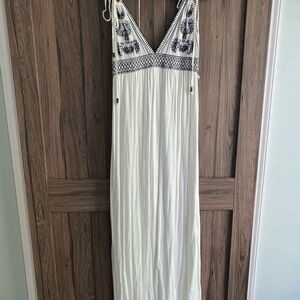 Lulu's White and Blue Embroidered Maxi Dress